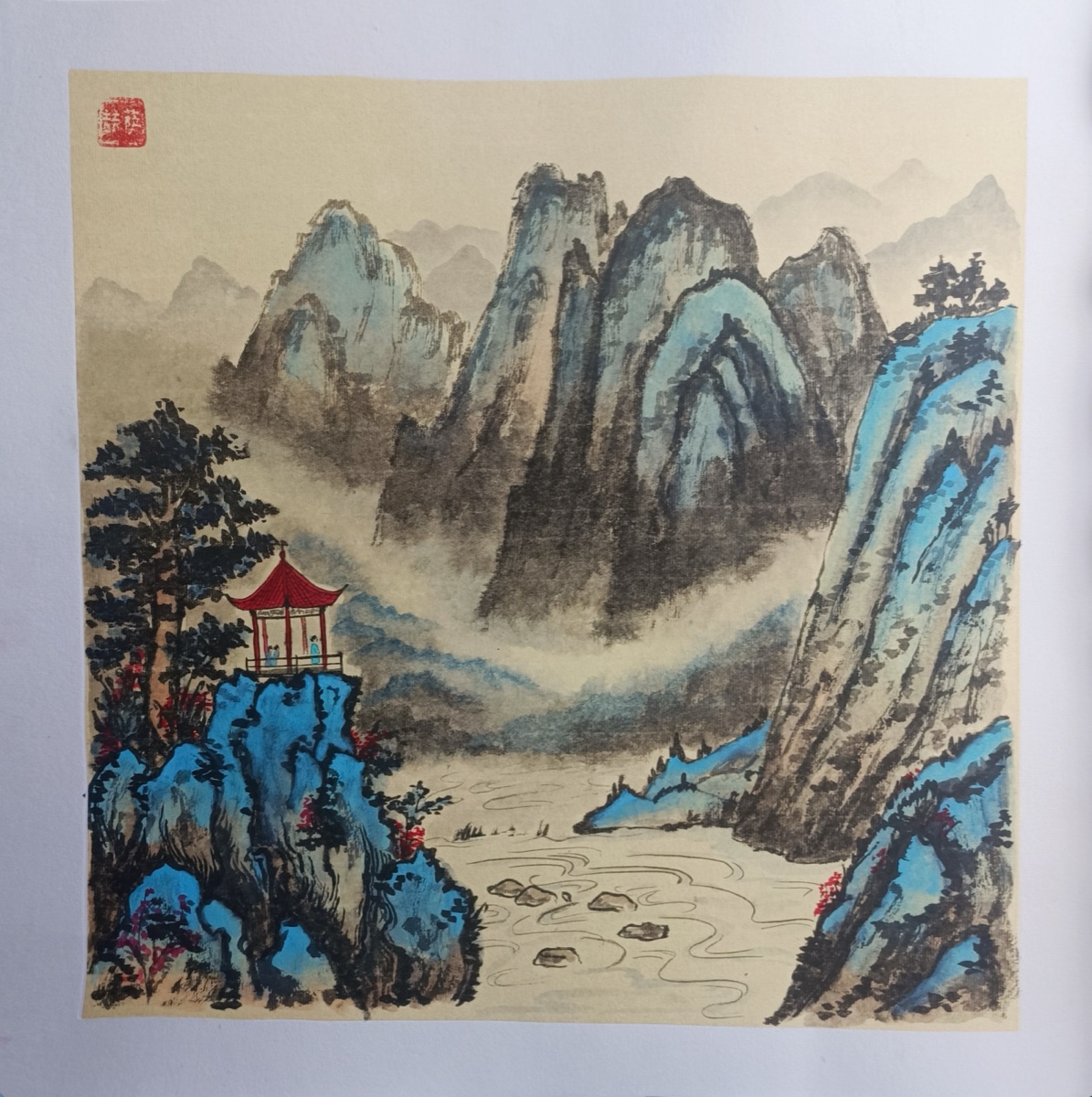 Горное ущелье с красным павильоном