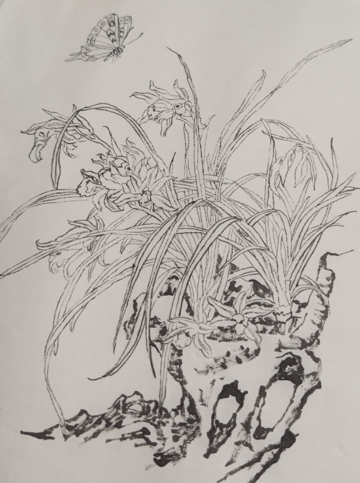 Орхидея с бабочкой, тушь